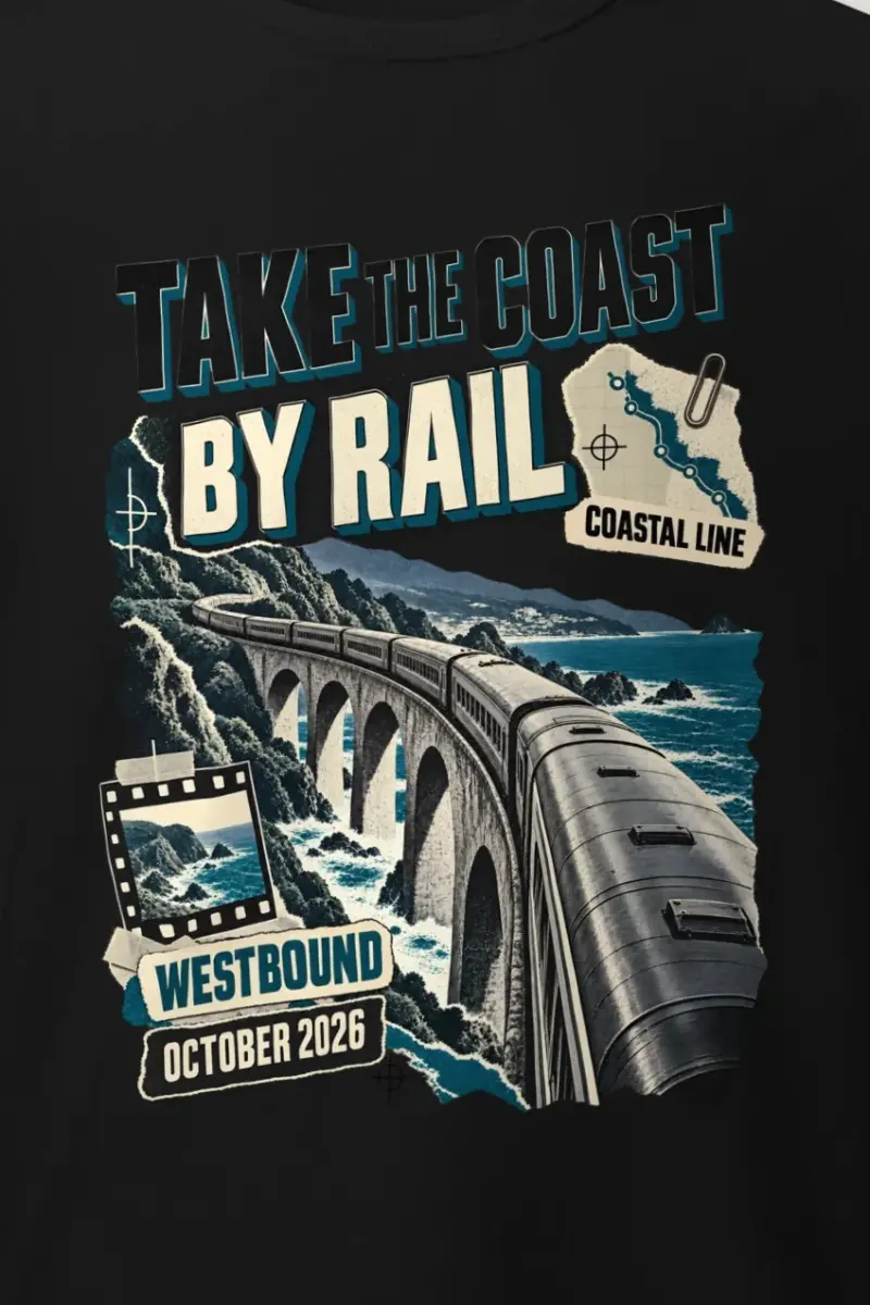 "Take the Coast by Rail" Heavyweight Unisex Crewneck T-shirt - the graphic up close