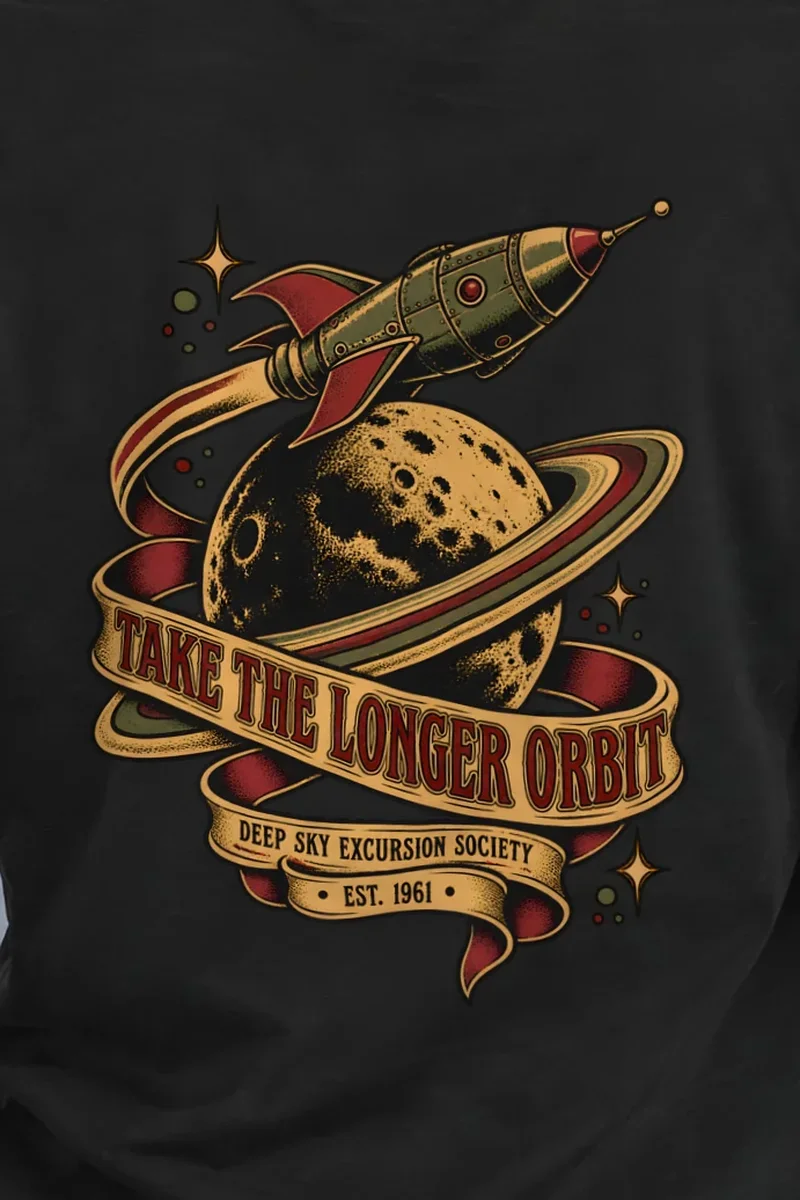 "Take the Longer Orbit" Heavyweight Unisex Crewneck T-shirt - the graphic up close
