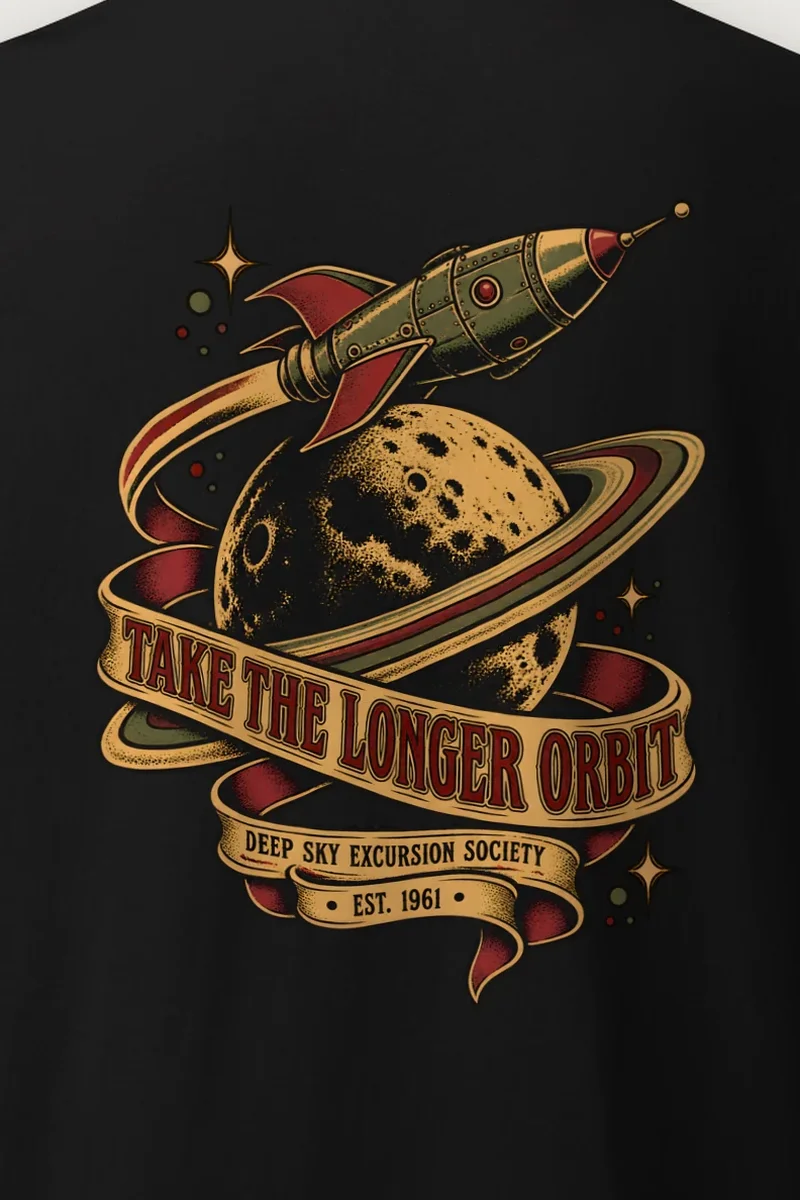 "Take the Longer Orbit" Heavyweight Unisex Crewneck T-shirt - the graphic up close