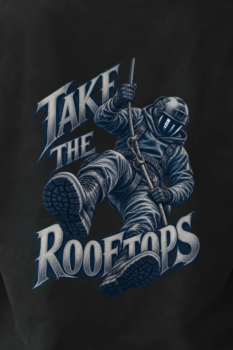 "Take the Rooftops" Heavyweight Unisex Crewneck T-shirt - the graphic up close