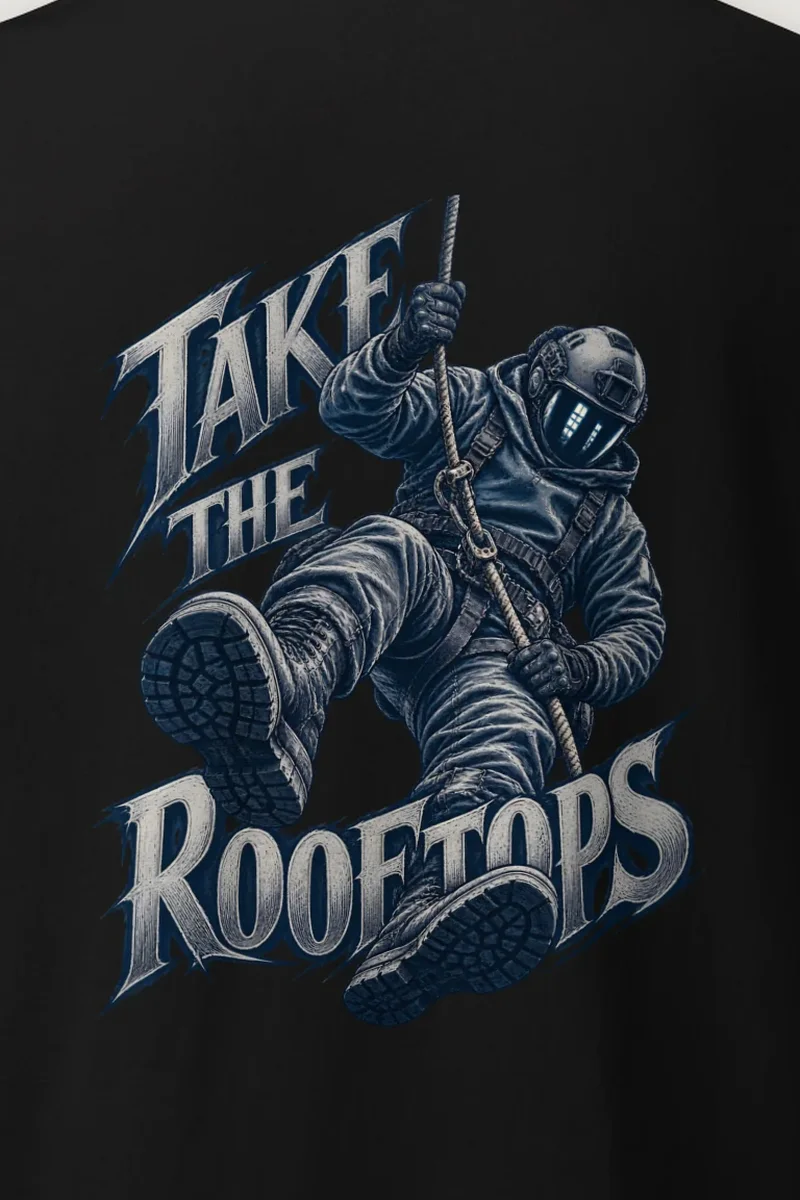 "Take the Rooftops" Heavyweight Unisex Crewneck T-shirt - the graphic up close