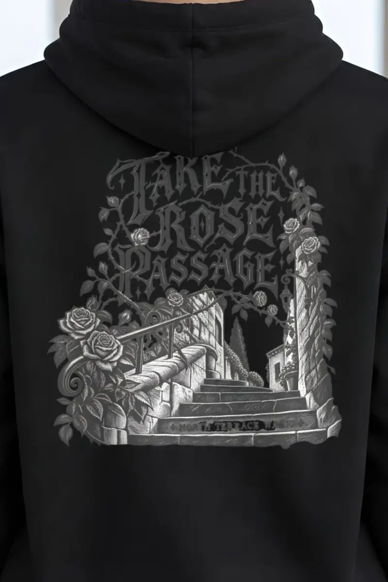 "Take the Rose Passage" Heavy Blend Unisex Pullover Hoodie - the graphic up close