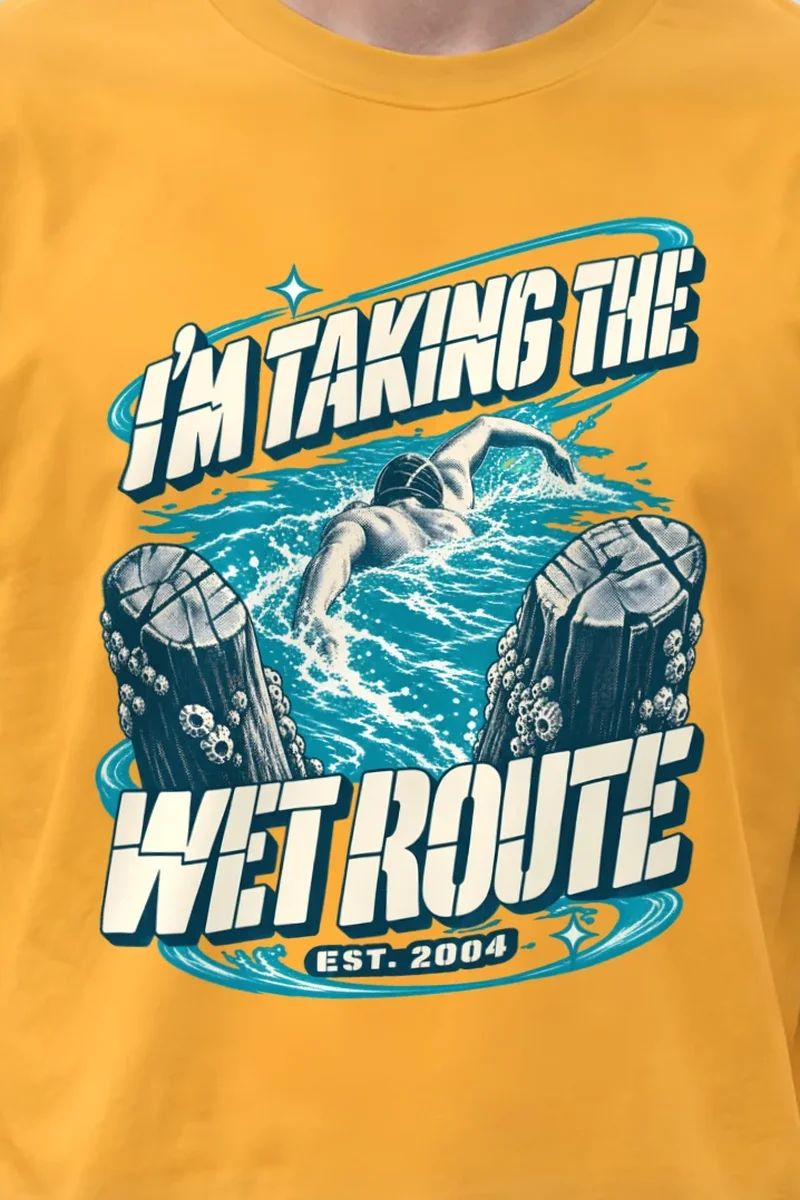"Taking The Wet Route" Heavyweight Unisex Crewneck T-shirt - the graphic up close