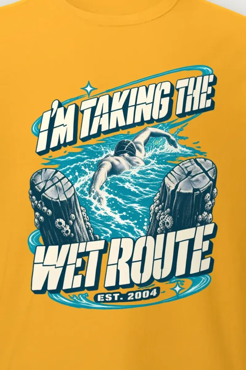 "Taking The Wet Route" Heavyweight Unisex Crewneck T-shirt - the graphic up close