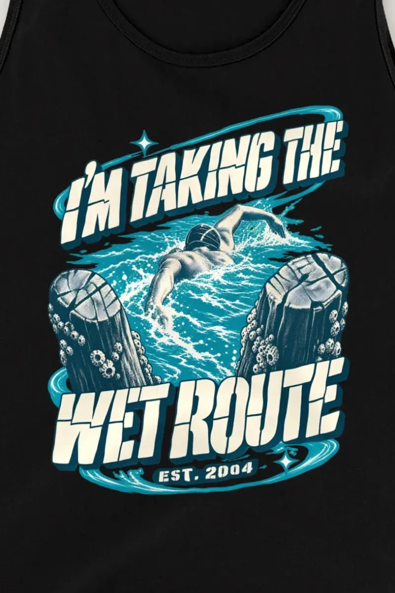 "Taking The Wet Route" Unisex Jersey Tank - the graphic up close