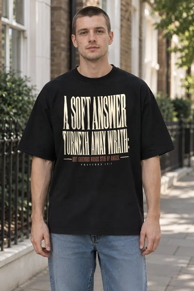 "Tall Serif Proverbs 15:1" Unisex Oversized Heavyweight Crewneck T-Shirt