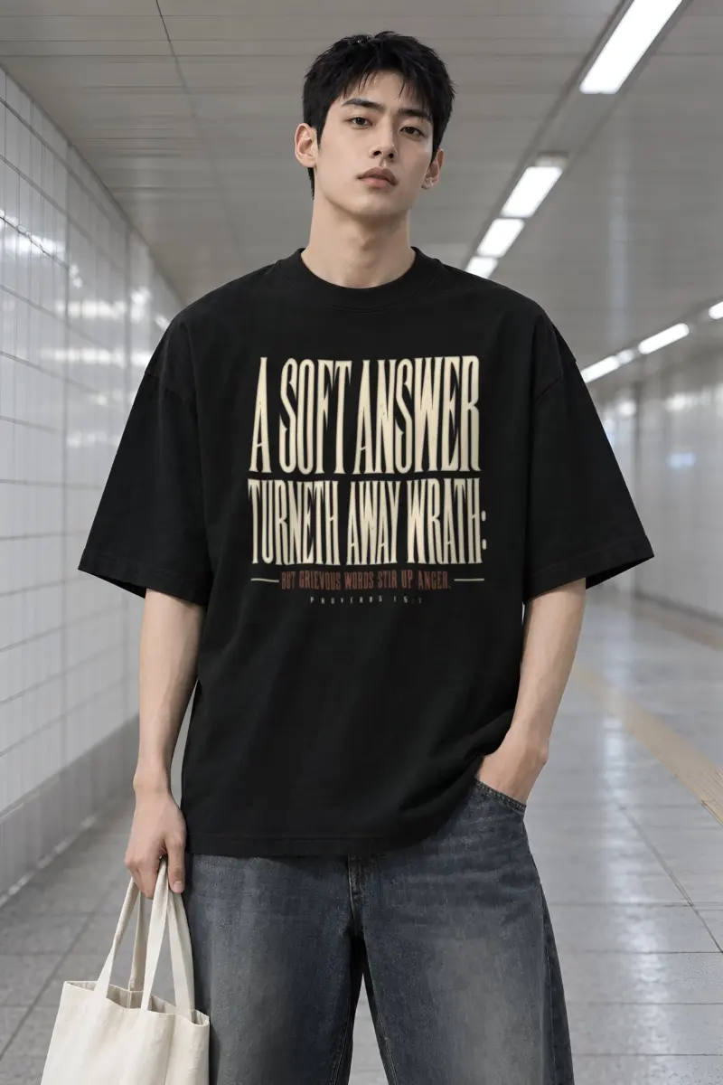 "Tall Serif Proverbs 15:1" Men's Oversized Heavyweight Crewneck T-Shirt