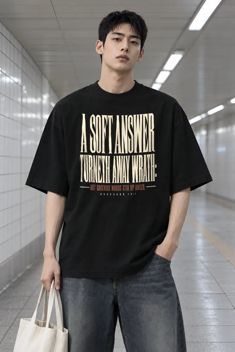 "Tall Serif Proverbs 15:1" Men's Oversized Heavyweight Crewneck T-Shirt