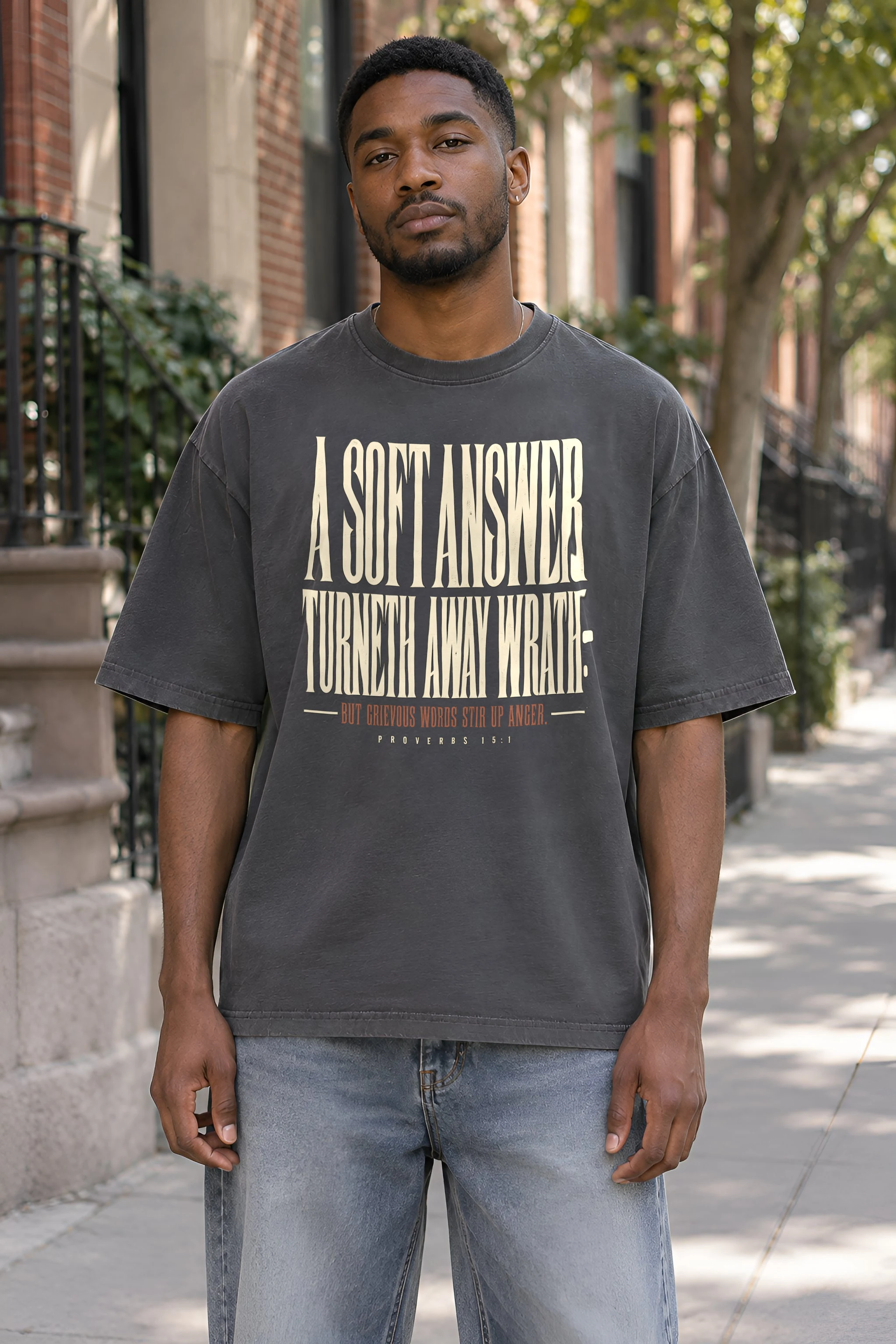"Tall Serif Proverbs 15:1" Unisex Oversized Heavyweight Crewneck T-Shirt