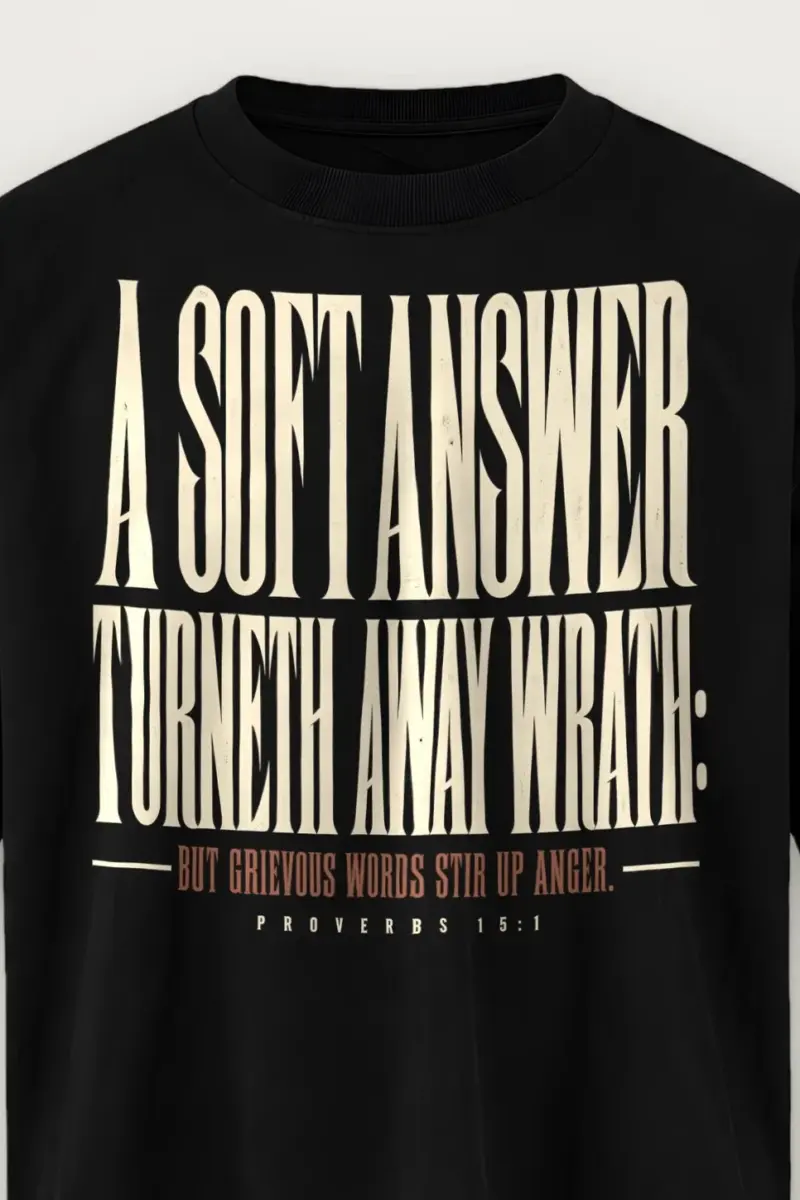 "Tall Serif Proverbs 15:1" Men’s Oversized Heavyweight Crewneck T-Shirt - the graphic up close