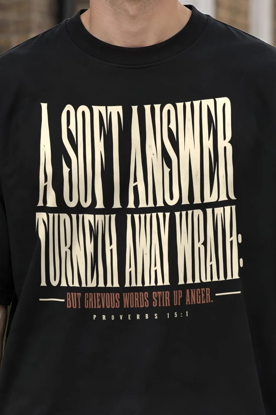 "Tall Serif Proverbs 15:1" Men’s Oversized Heavyweight Crewneck T-Shirt - the graphic up close
