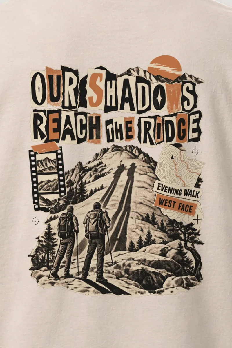 "Tan Panel Mountain Silhouette" Heavyweight Unisex Crewneck T-shirt - the graphic up close