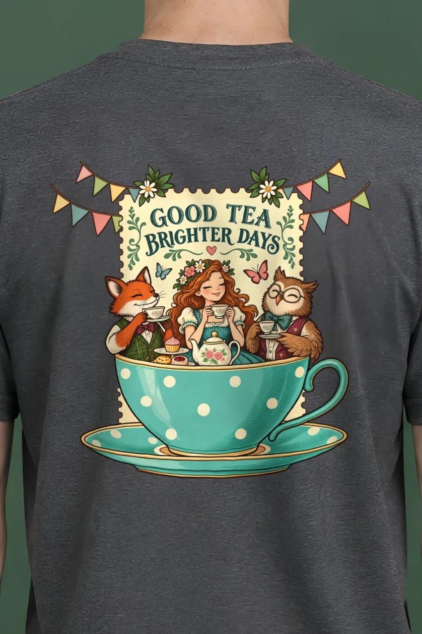 "Tea Brighter Days" Heavyweight Unisex Crewneck T-shirt - the graphic up close
