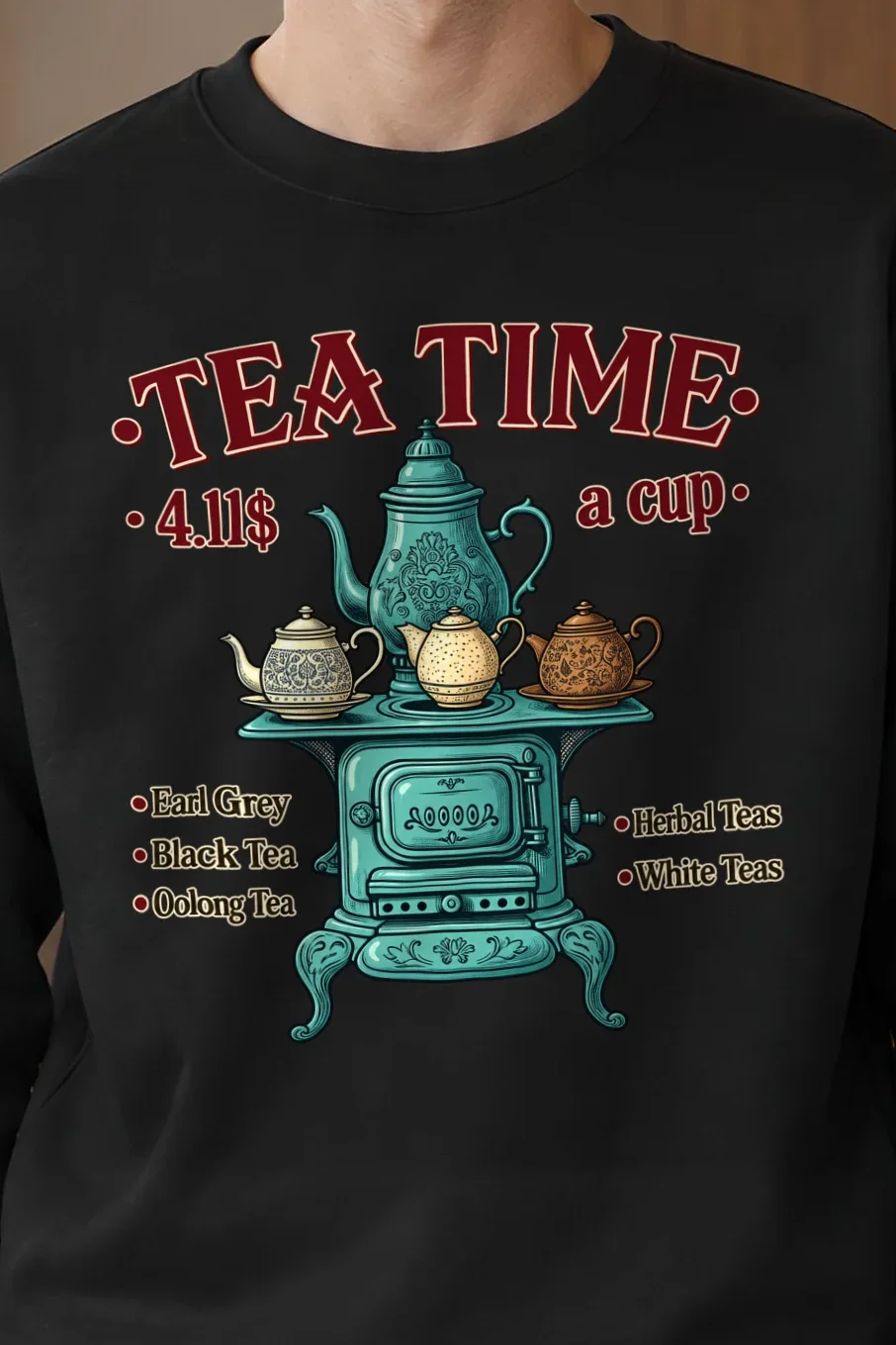 "Tea Time Stove" 1 Crewneck Sweatshirt - the graphic up close