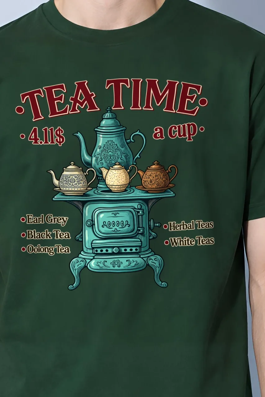 "Tea Time Stove" Heavyweight Unisex Crewneck T-shirt - the graphic up close
