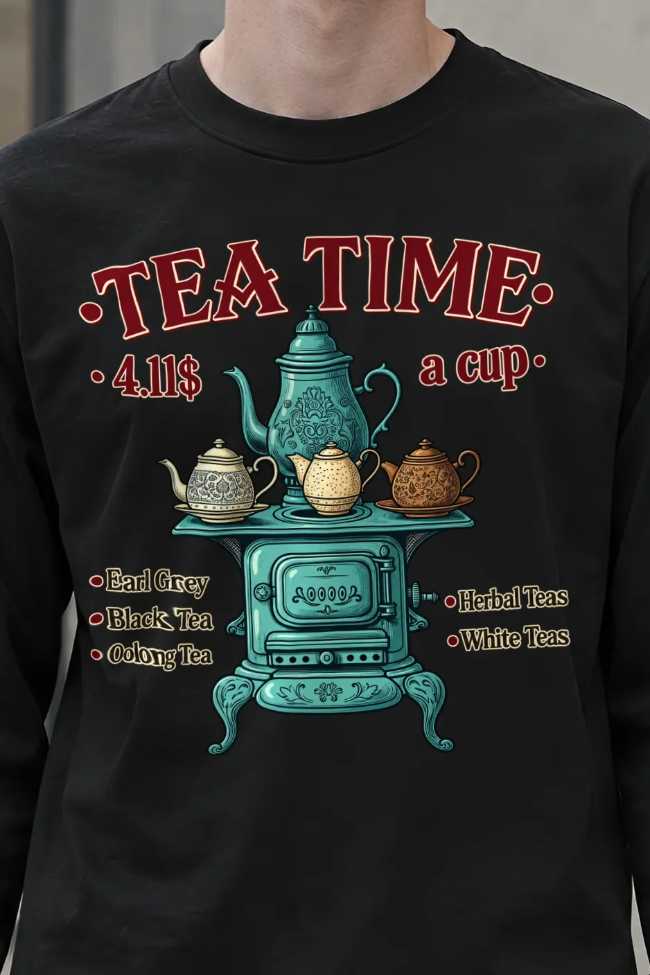 "Tea Time Stove" Unisex Longsleeve T-shirt - the graphic up close