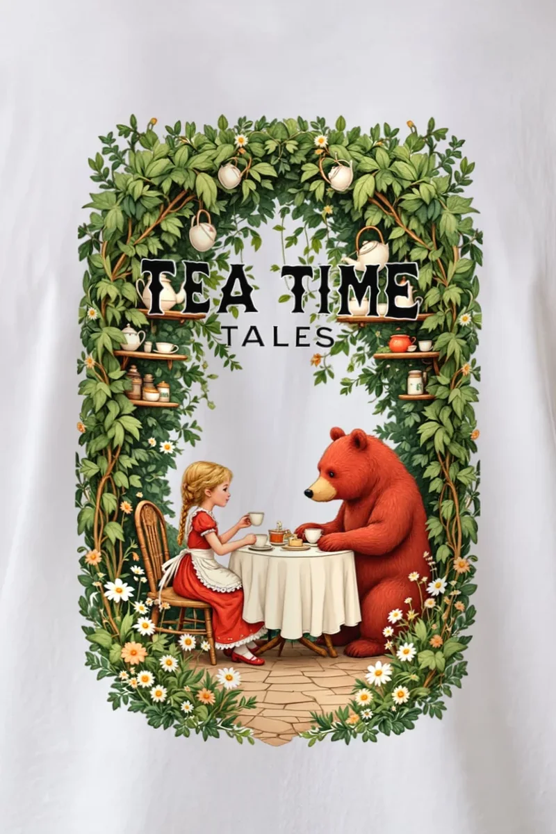 "Tea Time Tales" Unisex Longsleeve T-shirt - the graphic up close