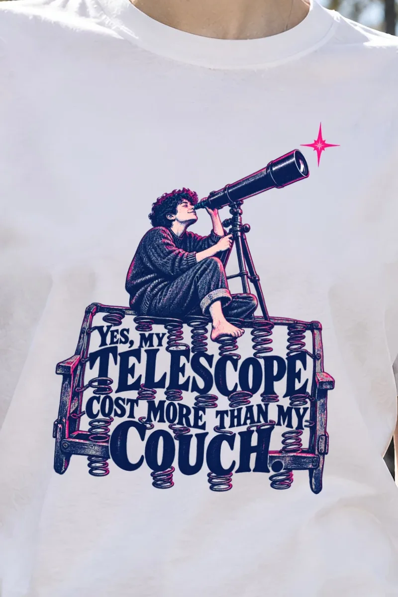 "Telescope Cost More Than Couch" Heavyweight Unisex Crewneck T-shirt - the graphic up close