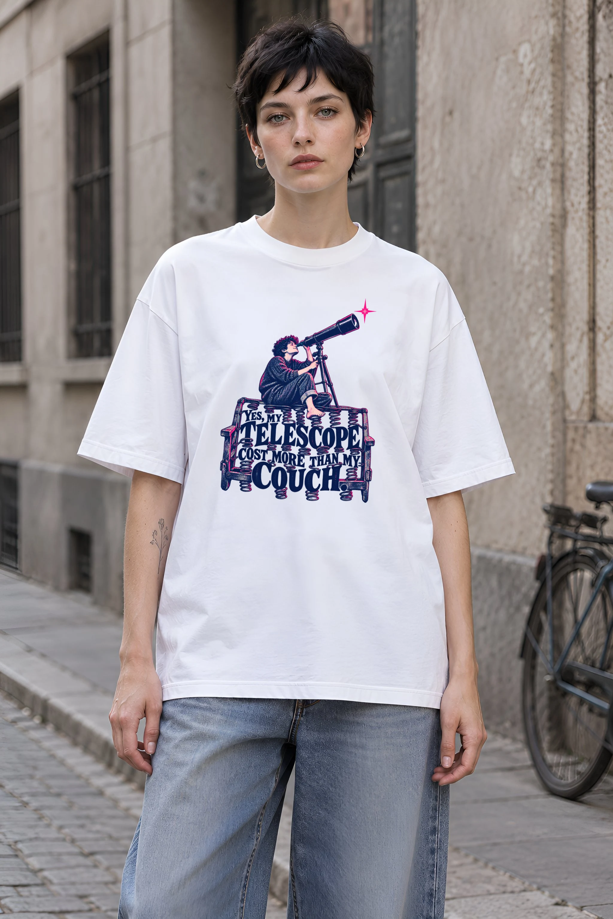 "Telescope Cost More Than My Couch" Unisex Oversized Heavyweight Crewneck T-Shirt