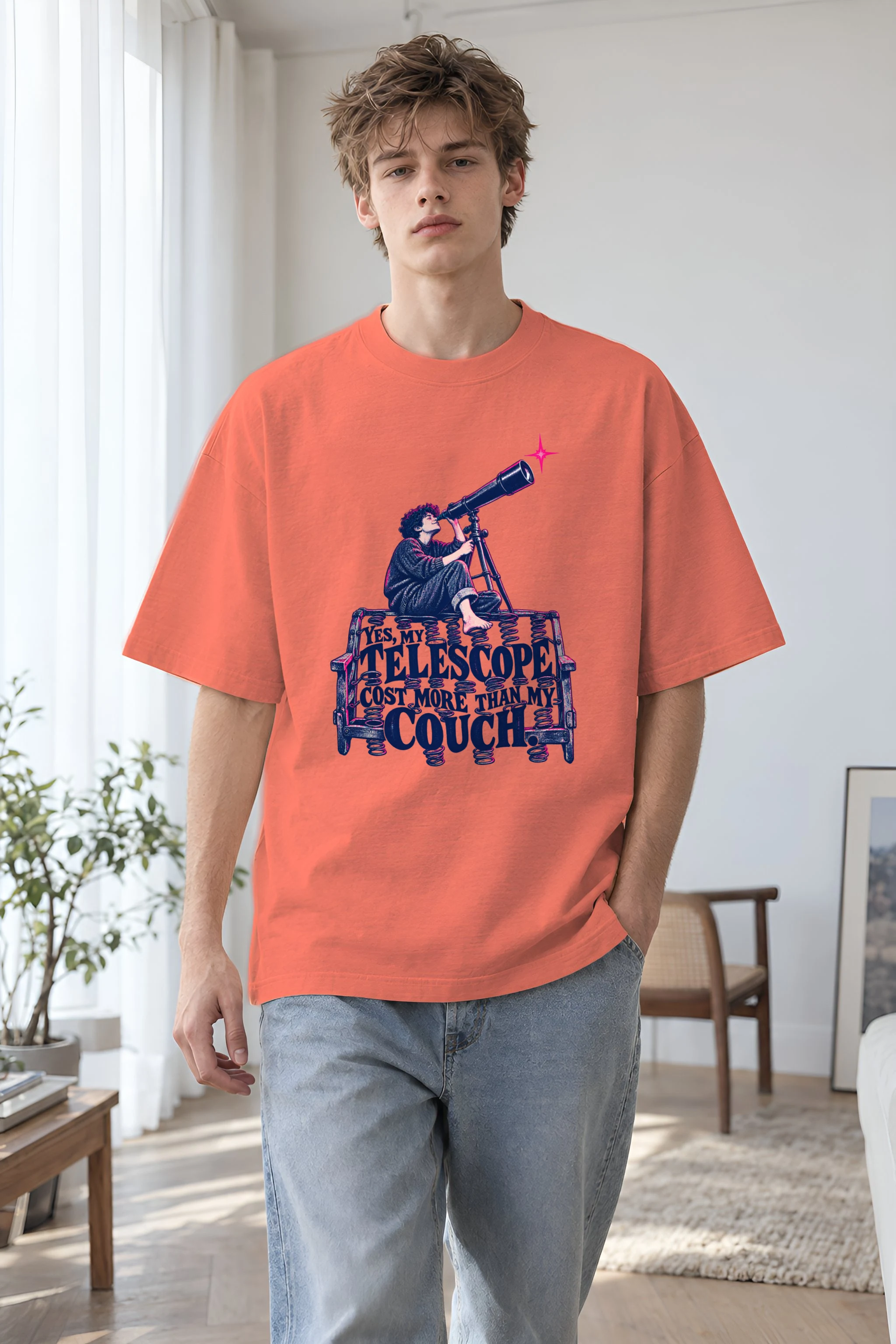 "Telescope Cost More Than My Couch" Unisex Oversized Heavyweight Crewneck T-Shirt