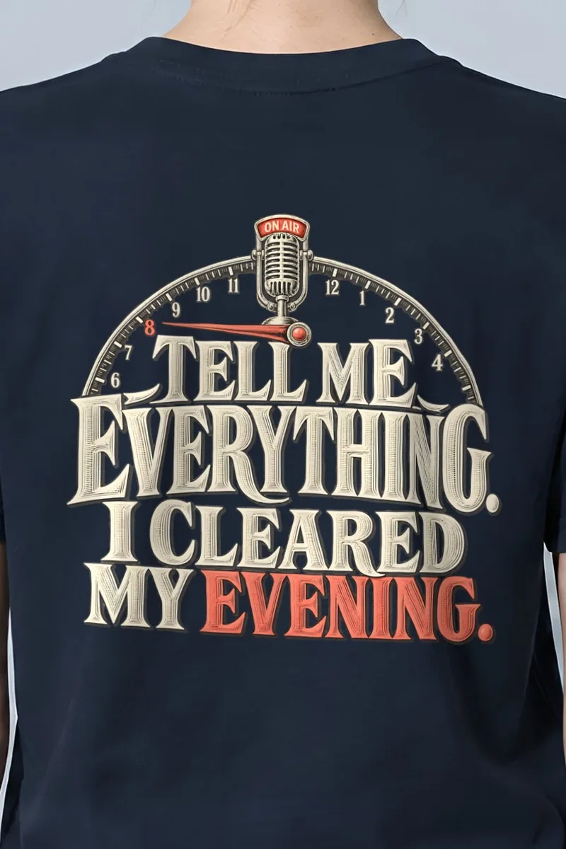 "Tell Me Everything" Heavyweight Unisex Crewneck T-shirt - the graphic up close