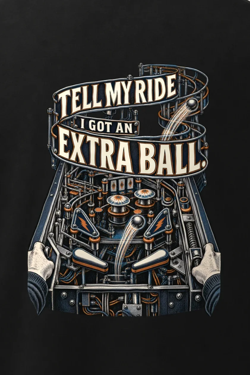 "Tell My Ride Extra Ball" Men’s Oversized Heavyweight Crewneck T-Shirt - the graphic up close
