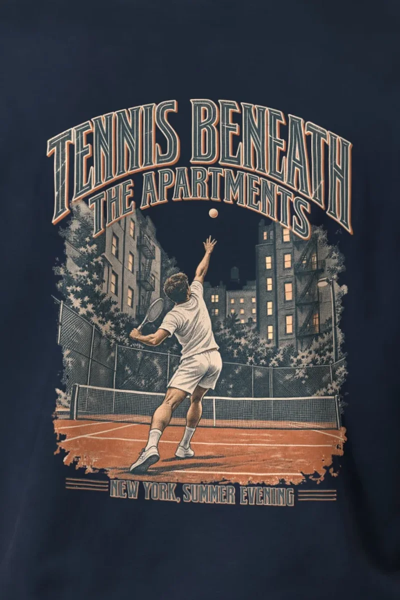 "Tennis Beneath the Apartments" Heavyweight Unisex Crewneck T-shirt - the graphic up close