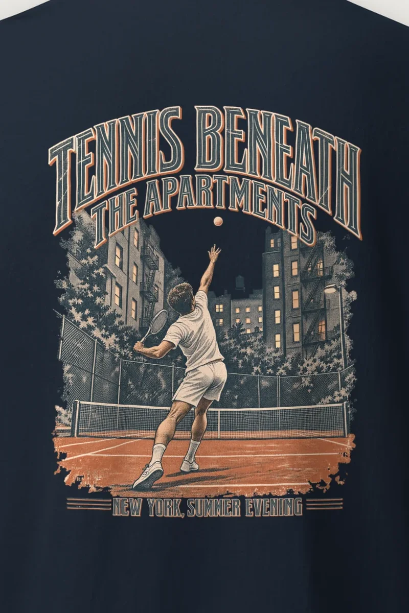 "Tennis Beneath the Apartments" Heavyweight Unisex Crewneck T-shirt - the graphic up close