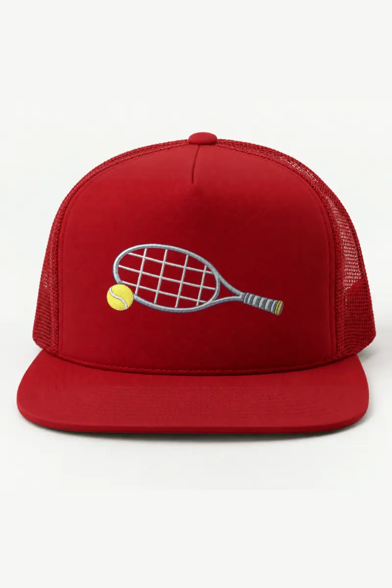 "Tennis Racket and Yellow Ball" 5 Panel Trucker Cap · Embroidered