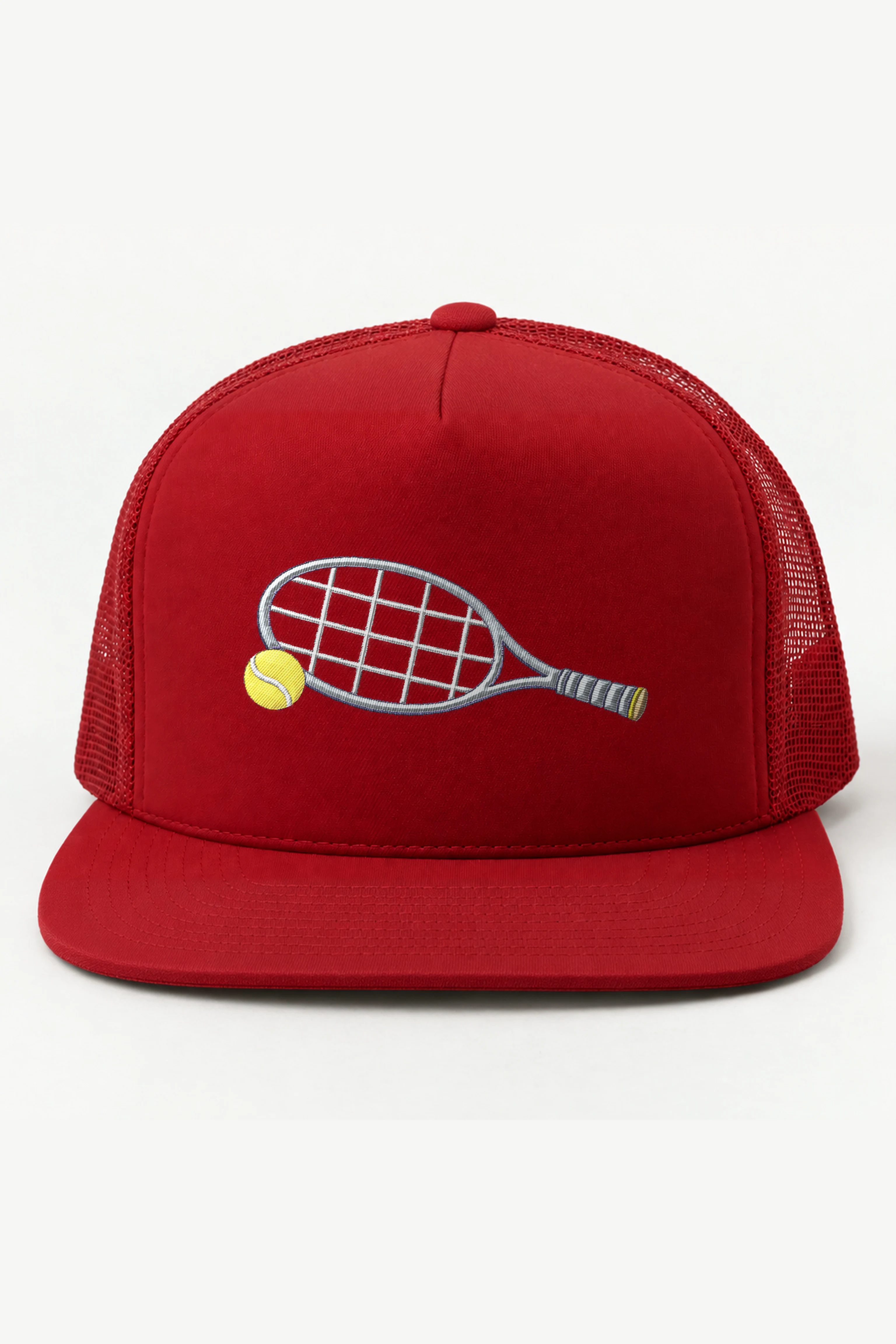 "Tennis Racket and Yellow Ball" 5 Panel Trucker Cap · Embroidered