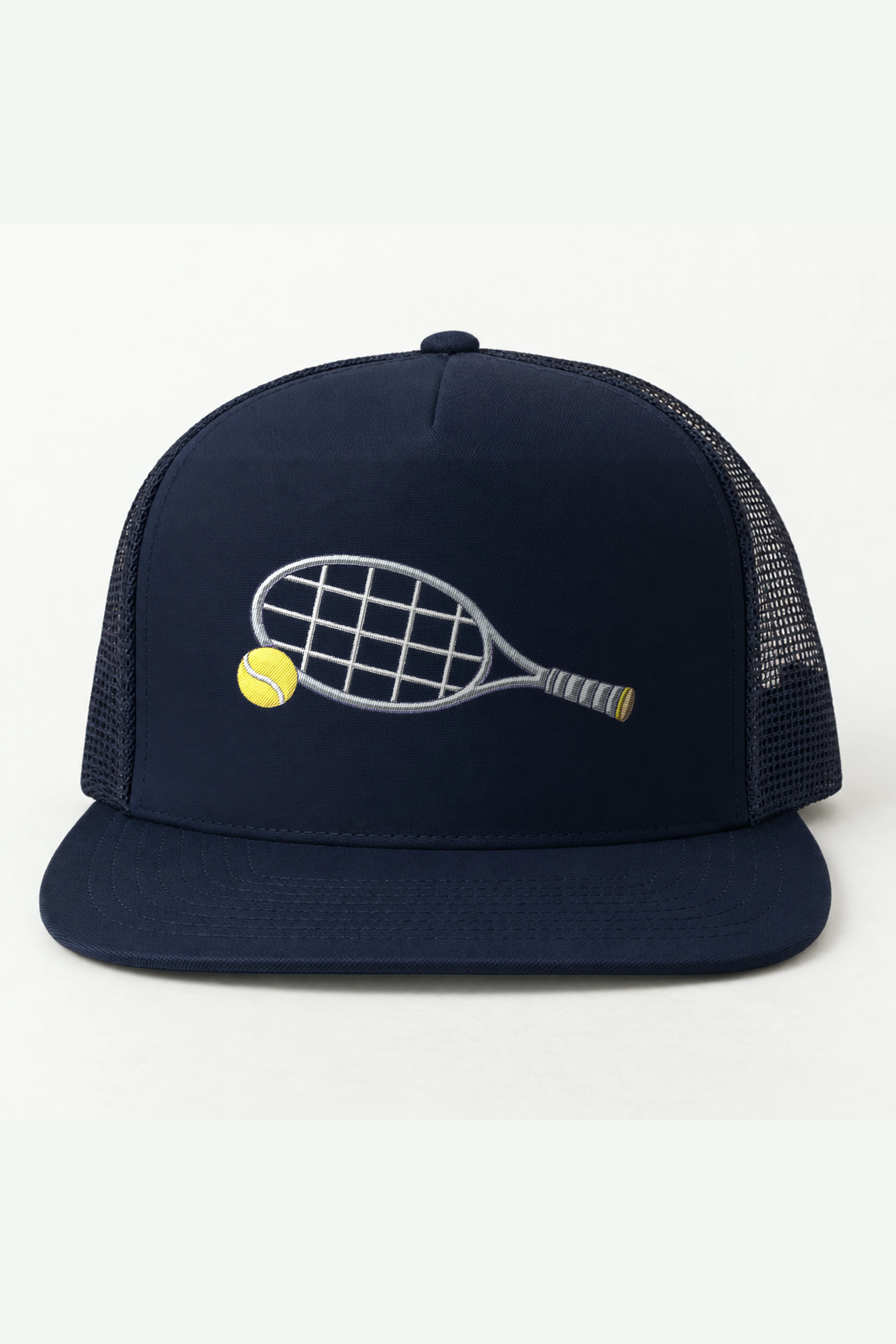 "Tennis Racket and Yellow Ball" 5 Panel Trucker Cap · Embroidered