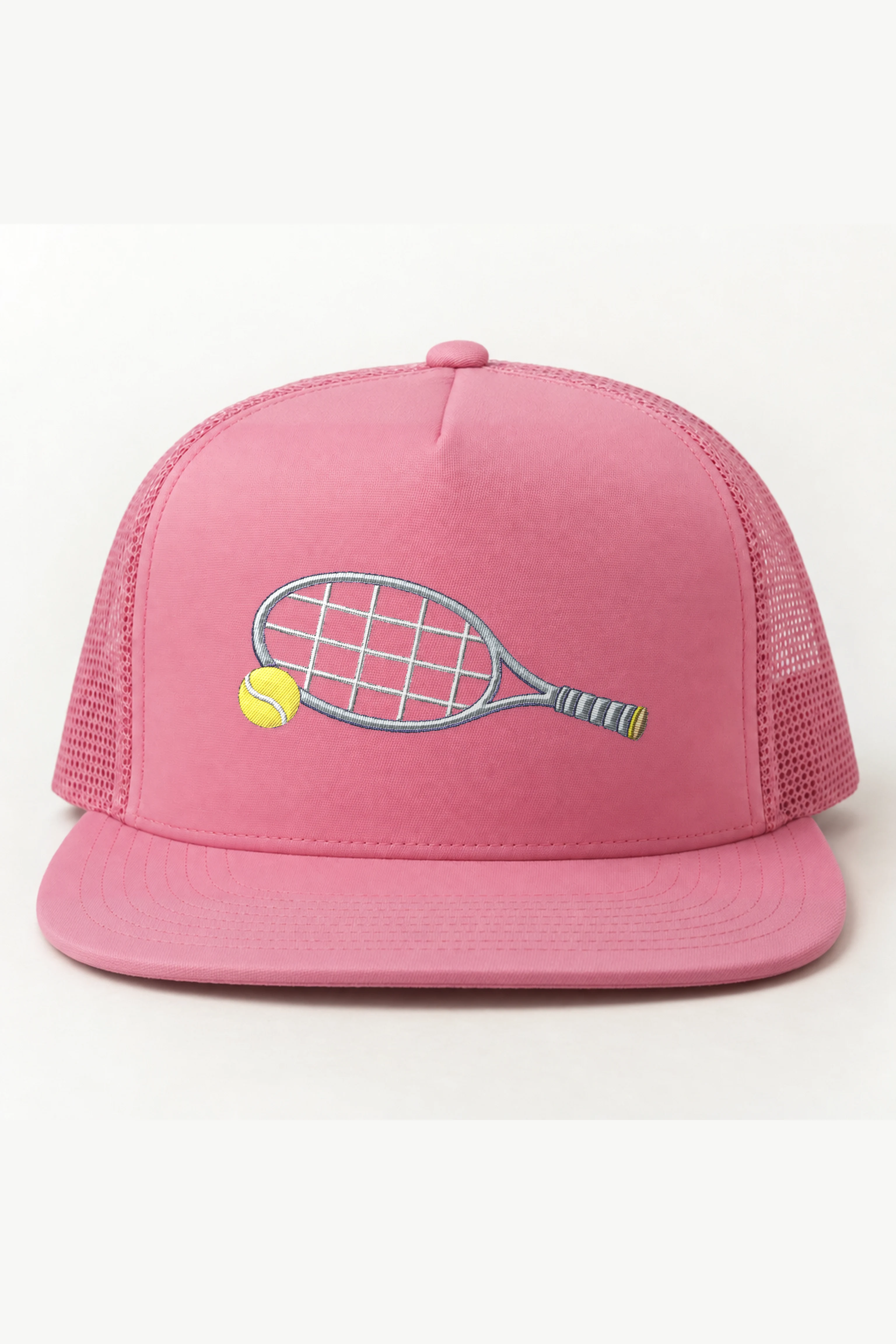 "Tennis Racket and Yellow Ball" 5 Panel Trucker Cap · Embroidered