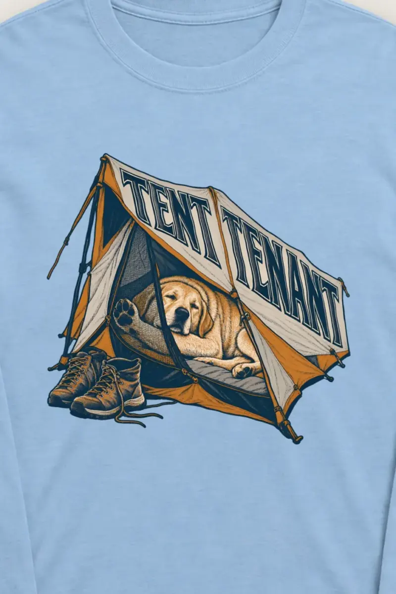 "Tent Tenant" Unisex Longsleeve T-shirt - the graphic up close