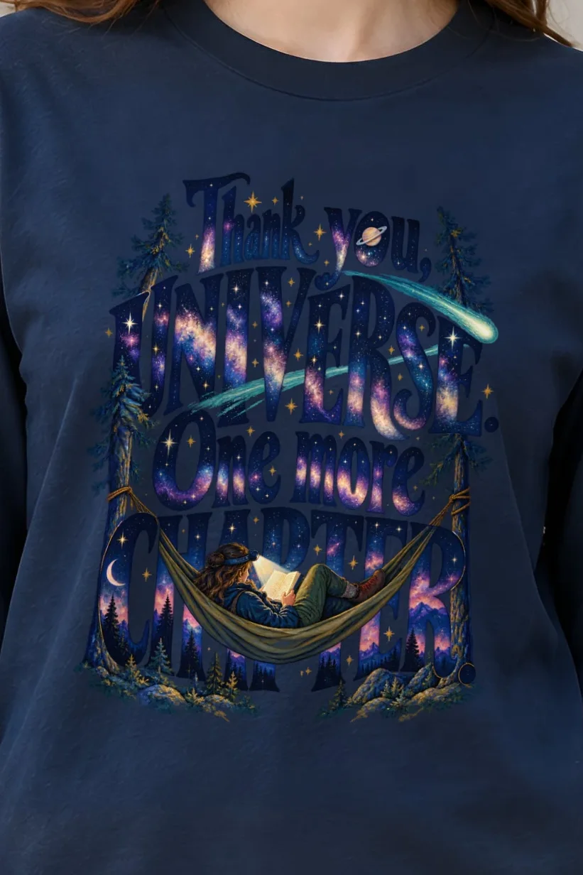 "Thank You Universe, One More Chapter" Unisex Longsleeve T-shirt - the graphic up close