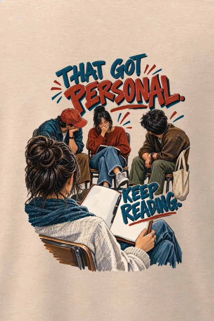 "That Got Personal Keep Reading" Men’s Oversized Heavyweight Crewneck T-Shirt - the graphic up close