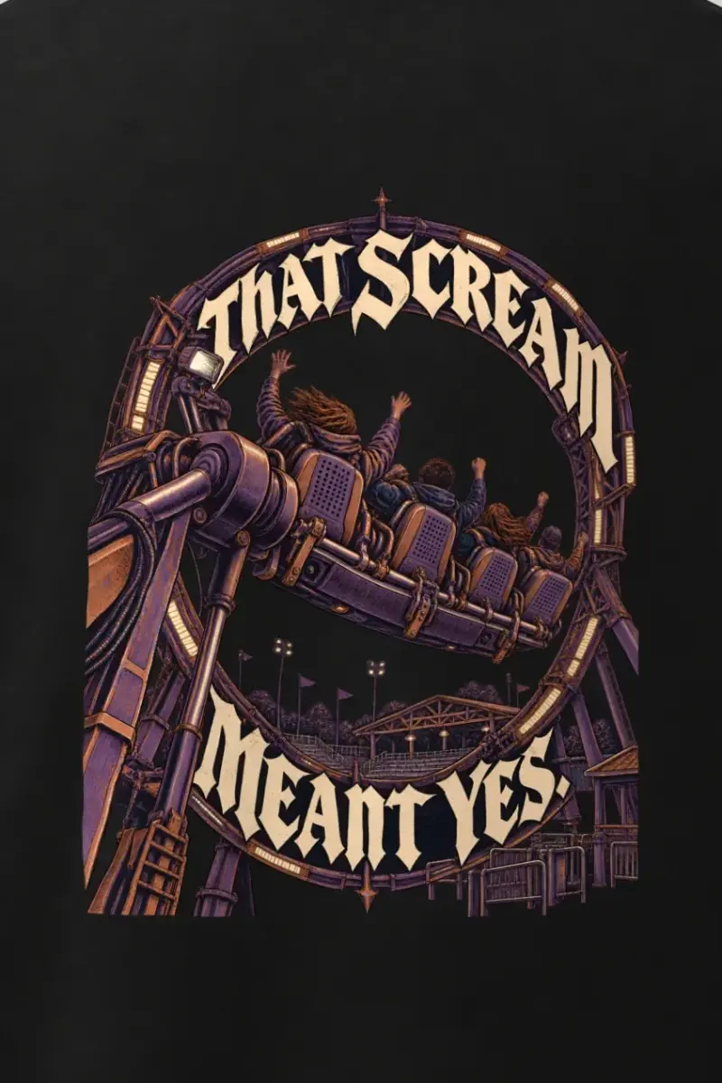 "That Scream Meant Yes" Men’s Oversized Heavyweight Crewneck T-Shirt - the graphic up close
