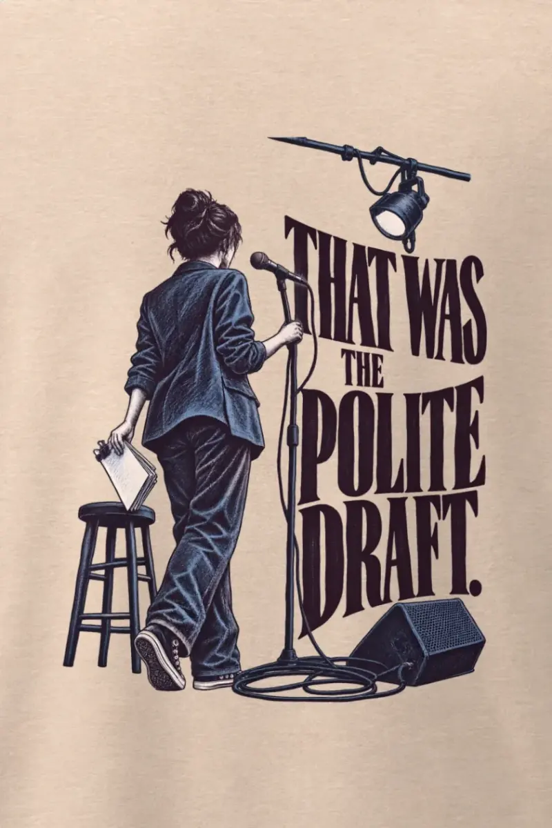 "That Was the Polite Draft" Men’s Oversized Heavyweight Crewneck T-Shirt - the graphic up close