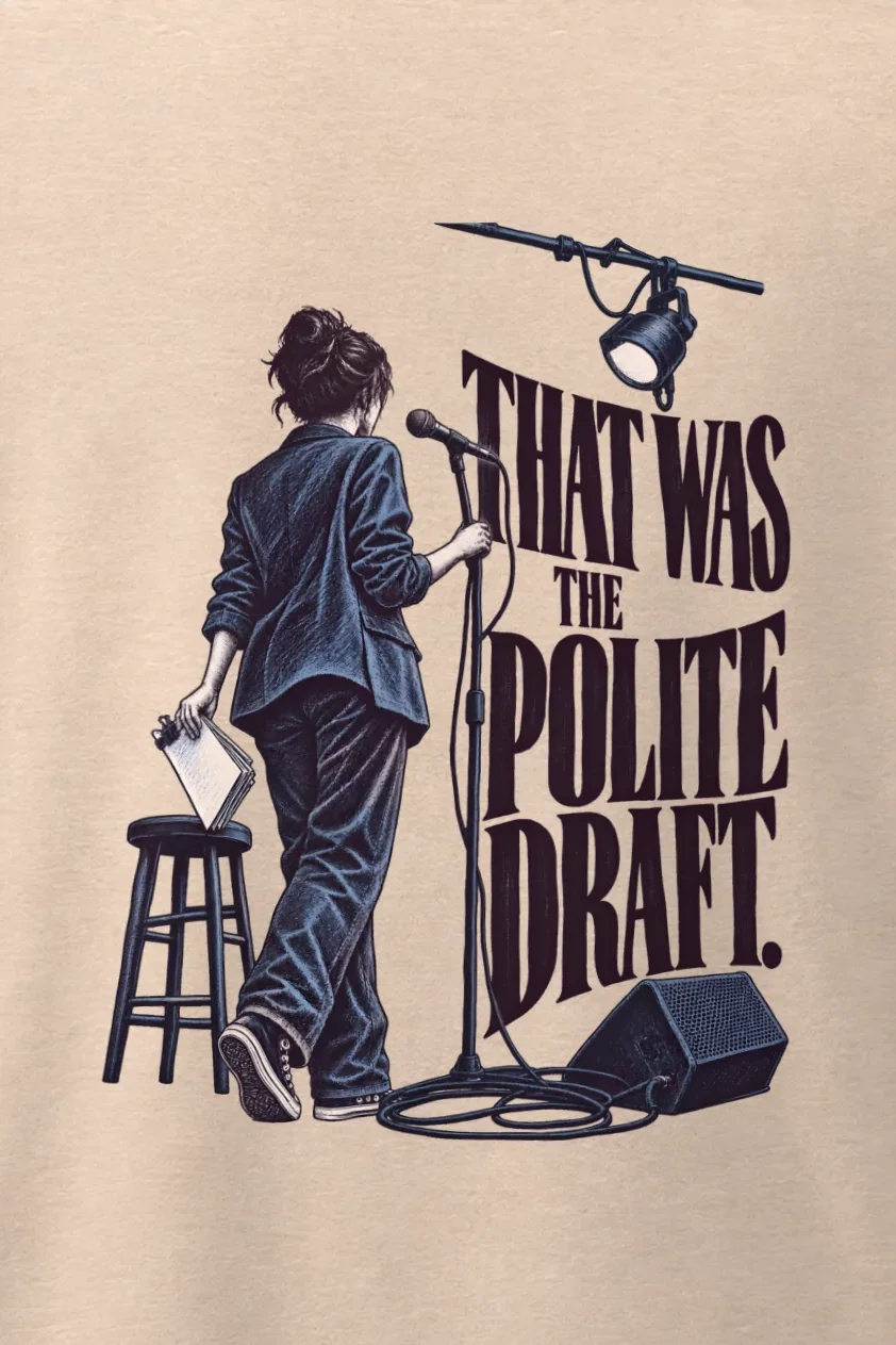 "That Was the Polite Draft" Men’s Oversized Heavyweight Crewneck T-Shirt - the graphic up close