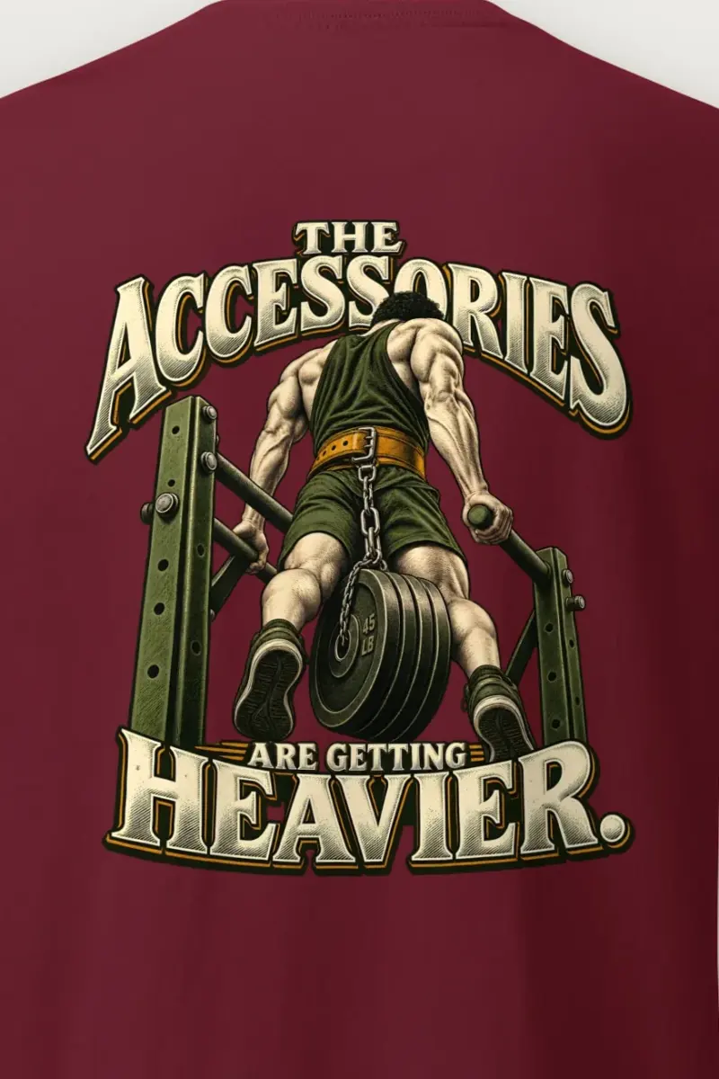 "The Accessories Are Getting Heavier" Heavyweight Unisex Crewneck T-shirt - the graphic up close