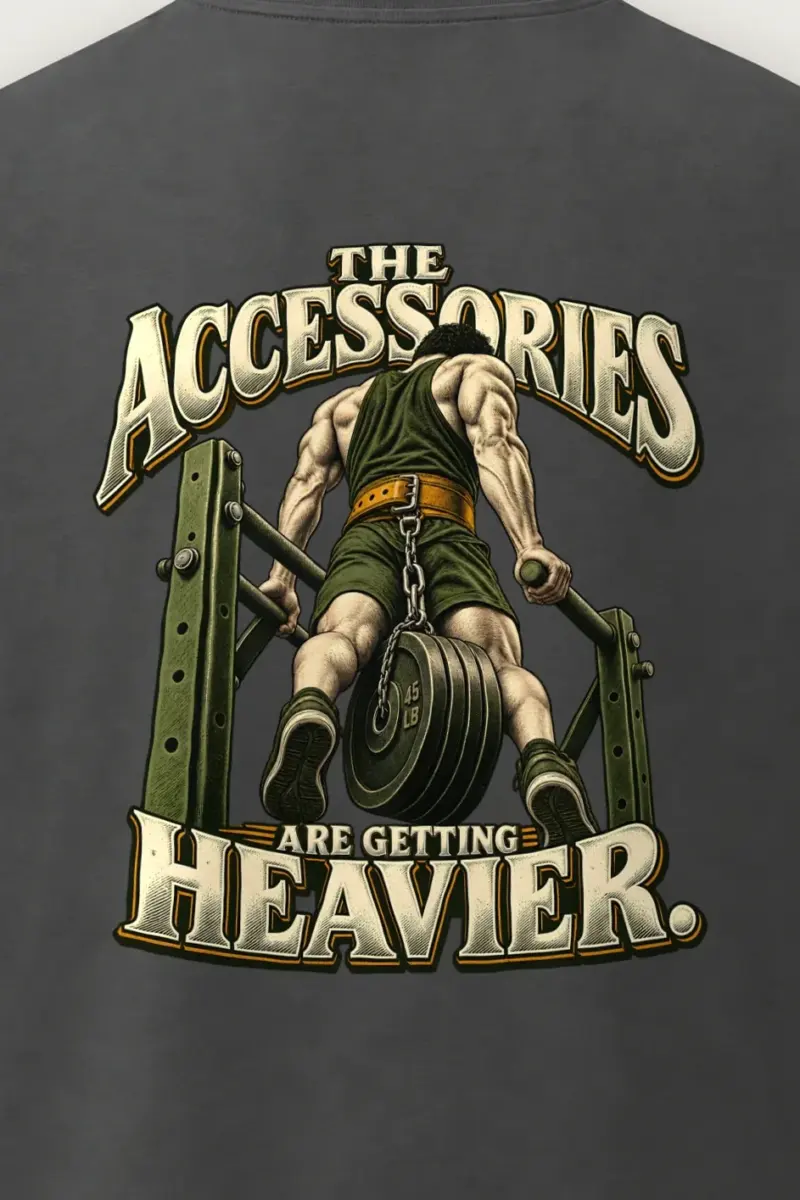 "The Accessories Are Getting Heavier" Men’s Oversized Heavyweight Crewneck T-Shirt - the graphic up close