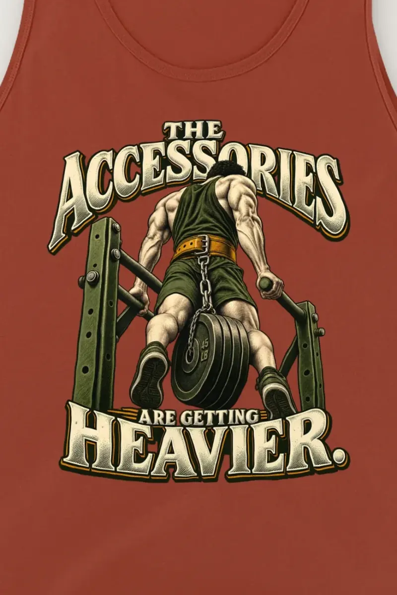 "The Accessories Are Getting Heavier" Unisex Jersey Tank - the graphic up close
