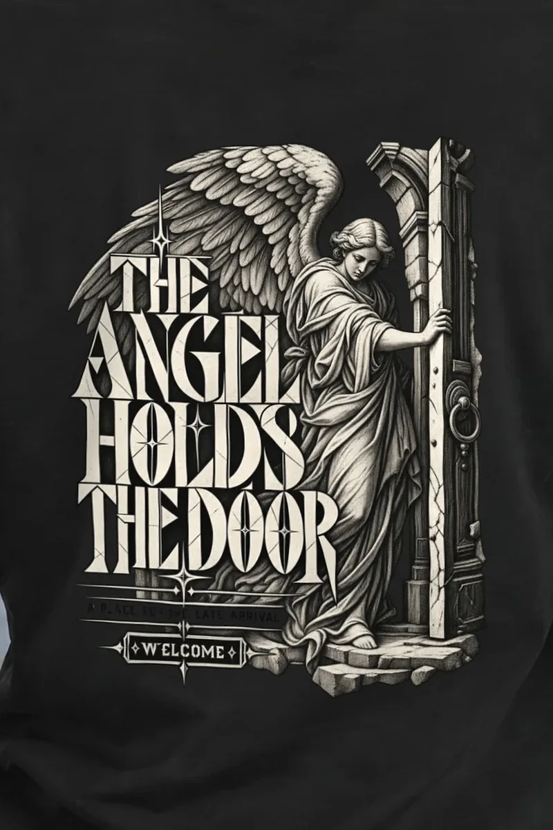 "THE ANGEL HOLDS THE DOOR" Heavyweight Unisex Crewneck T-shirt - the graphic up close