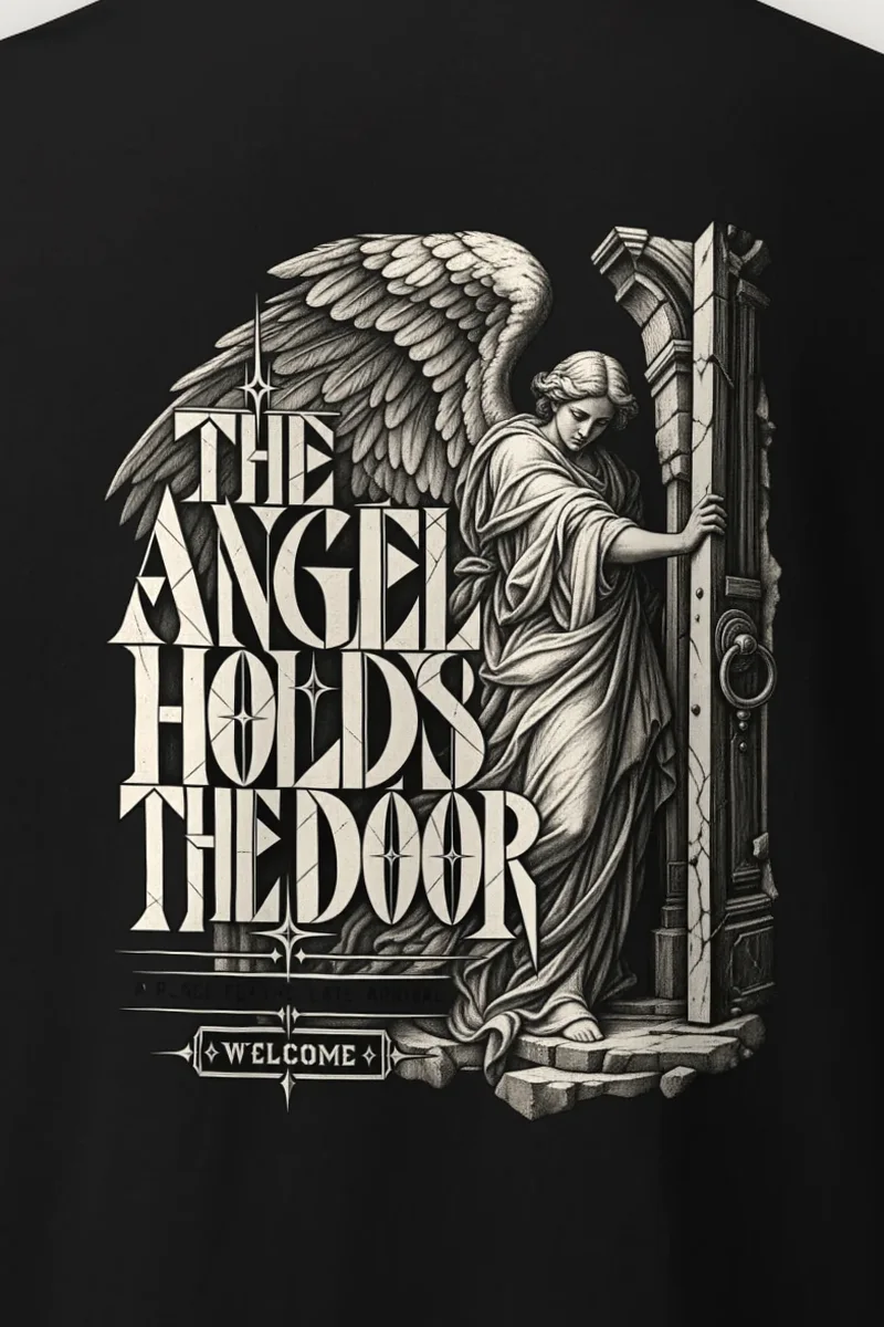 "THE ANGEL HOLDS THE DOOR" Heavyweight Unisex Crewneck T-shirt - the graphic up close