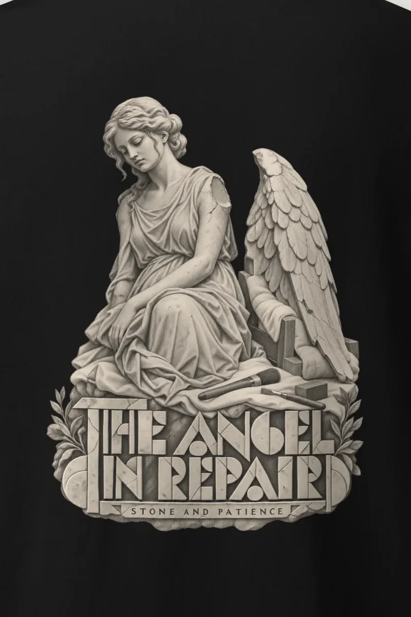 "The Angel in Repair Stone and Patience" Heavyweight Unisex Crewneck T-shirt - the graphic up close
