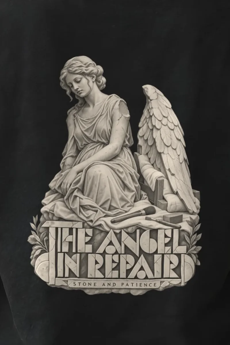 "The Angel in Repair Stone and Patience" Heavyweight Unisex Crewneck T-shirt - the graphic up close