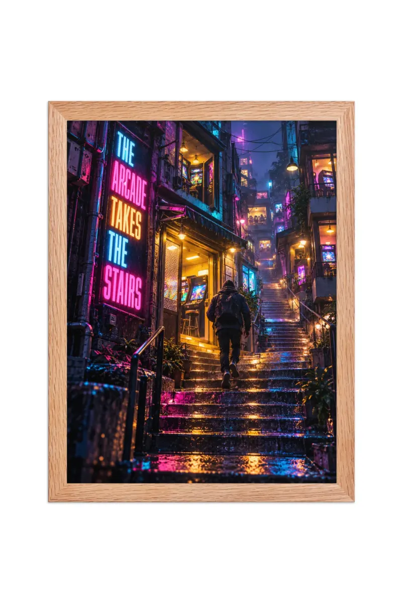 “The Arcade Takes the Stairs” Premium Wooden Framed Poster