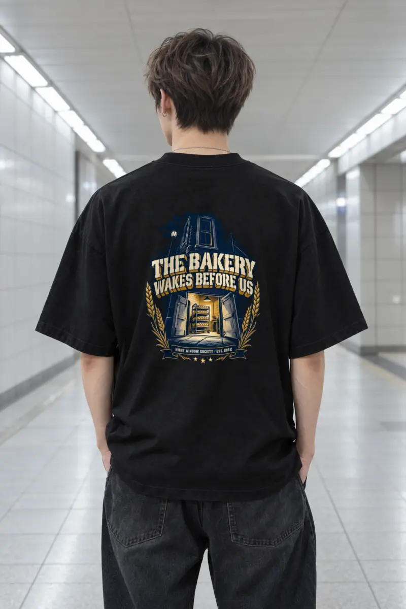 "THE BAKERY WAKES BEFORE US NIGHT WINDOW SOCIETY . EST. 1982" Men's Oversized Heavyweight Crewneck T-Shirt