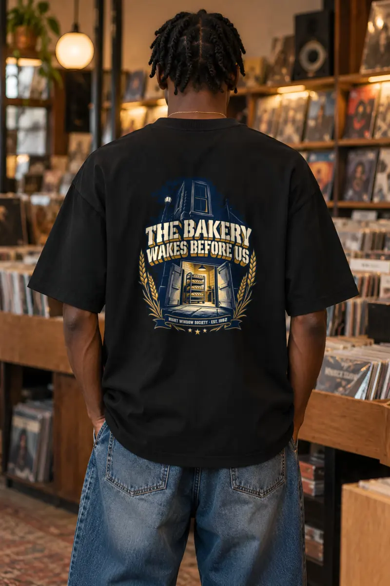 "THE BAKERY WAKES BEFORE US NIGHT WINDOW SOCIETY . EST. 1982" Unisex Oversized Heavyweight Crewneck T-Shirt