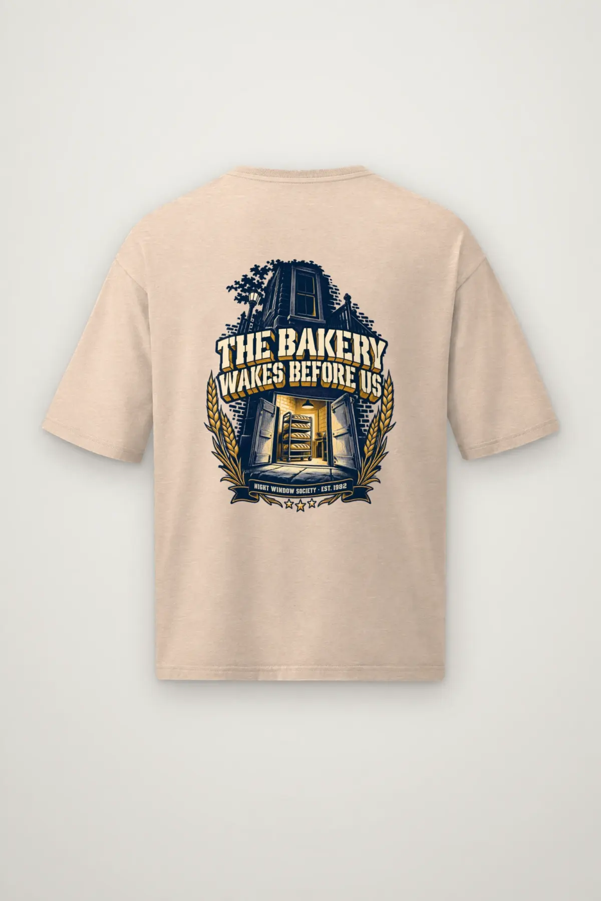 "THE BAKERY WAKES BEFORE US NIGHT WINDOW SOCIETY . EST. 1982" Men's Oversized Heavyweight Crewneck T-Shirt