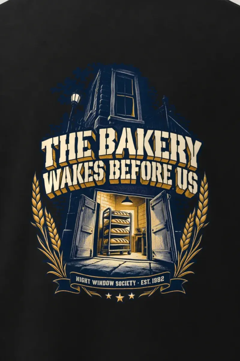 "THE BAKERY WAKES BEFORE US NIGHT WINDOW SOCIETY . EST. 1982" Men’s Oversized Heavyweight Crewneck T-Shirt - the graphic up close